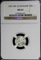 Denmark Frederik VIII Silver 1907 VBP; GJ 10 Ore NGC MS63 BETTER DATE KM# 807