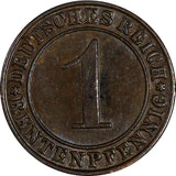 Germany - Weimar Republic Bronze 1923 J 1 Rentenpfennig Hamburg XF KM# 30 (174)