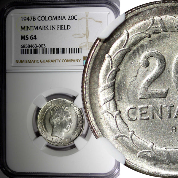 Colombia SILVER 1947/5 B 20 Centavos NGC MS64 TOP GRADED BY NGC ! KM# 208.1 (3)