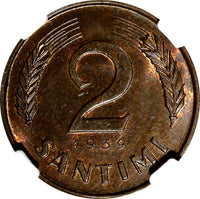 LATVIA Bronze 1939 2 Santimi NGC MS63 RB 1 YEAR TYPE Mint Luster KM# 11.2 (090)