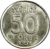 Sweden Gustaf VI Silver 1952 TS 50 Ore 1st Year Type KEY DATE UNC KM# 825 (005)