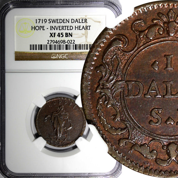 Sweden Carl XII (1687-1719) 1719 Daler HOPE-INVERTED HEART NGC XF45 BN KM#369(2)