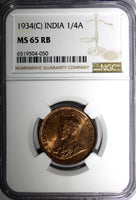 India-British George V Bronze 1934 (C) 1/4 Anna NGC MS65 RB NICE RED KM# 512 (0)