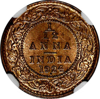 India-British George V Bronze 1924 (B) 1/12 Anna NGC MS64 RB KM# 509