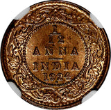 India-British George V Bronze 1924 (B) 1/12 Anna NGC MS64 RB KM# 509