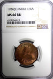 India-British George V Bronze 1936 (C) 1/4 Anna NGC MS66 RB LAST DATE KM#512 (3)