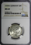 GERMANY-Third Reich Silver 1939 A 2 Reichs Mark NGC MS63 Hindenburg KM# 93 (014)
