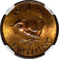 Great Britain George VI Bronze 1951 1 Farthing NGC MS65 RB TOP GRADED KM# 867(0)