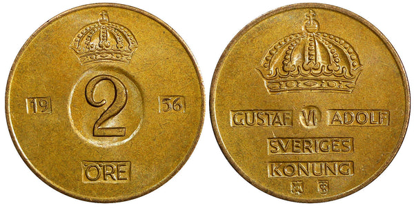 Sweden Gustaf VI Bronze 1956 TS 2 Ore GEM BU Toned KM# 821 (21 958)