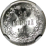 Finland Nicholas II Silver 1916 S 25 Pennia NGC MS66 GEM BU KM #6.2 (048)
