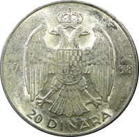 Yugoslavia Petar II Silver 1938 20 Dinara 1 Year Type KM# 23 (344)