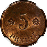 Finland Copper 1919 5 Penniä NGC MS63 RB TOP GRADED BY NGC KM# 22