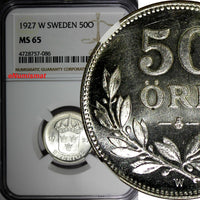 SWEDEN Gustaf V Silver 1927 W 50 Ore NGC MS65 ONE GRADED HIGHEST SCARCE KM788(6)