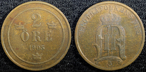SWEDEN Oscar II Bronze 1905  2 Ore Large Letters LAST YEAR XF KM# 746  (23 115)