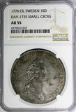 SWEDEN Gustaf III Silver 1776 OL Riksdaler Small Cross NGC AU55 Dav-1735,KM# 514