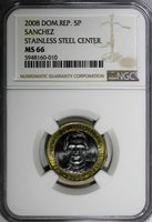 Dominican Republic Sánchez 2008 5 Pesos Magnetic NGC MS66 KM# 89 (010)
