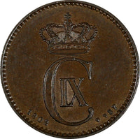 Denmark Christian IX Bronze 1902/802 VBP 2 Øre Overdate aUNC KM# 793.2 (19 639)