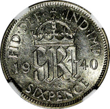 GREAT BRITAIN George VI Silver 1940 6 Pence NGC AU55  KM# 852 (217)