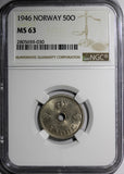 NORWAY Haakon VII Copper-Nickel 1946 50 Ore NGC MS63 KM# 386