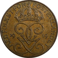 Sweden Gustaf V Bronze 1919 5 Öre KM# 779.2 (20 616)