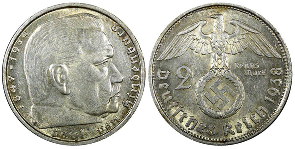 Germany - Third Reich Silver 1938 B 2 Reichs Mark Hindenburg KM# 93 (22 298)