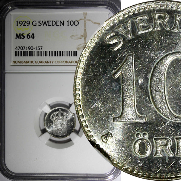 SWEDEN Gustaf V Silver 1929 G 10 Ore NGC MS64 KM# 780 (157)