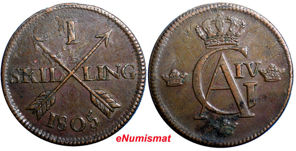 SWEDEN 1805 1 SKILLING OVERSTRUCK ON 18th Cent 2 ORE S.M.  KM#566  (2370A)