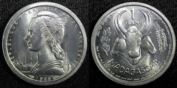 Madagascar Aluminum 1948 1 Franc Paris Mint GEM BU KM# 3 (23 627)