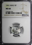 MALI Aluminium 1961 5 Francs Maliens NGC MS66 Hippopotamus TOP GRADED KM# 2