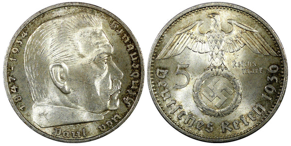 Germany - Third Reich Silver 1936 A 5 Reichsmark Hindenburg Issue KM# 94 (183)