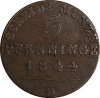 German States PRUSSIA Friedrich Wilhelm IV Copper 1844 D 3 Pfennig KM# 449 (946)