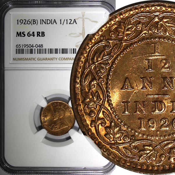 India-British George V Bronze 1926 (B) 1/12 Anna NGC MS64 RB KM# 509 (048)