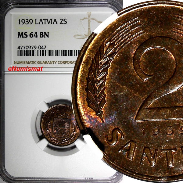 LATVIA Bronze 1939 2 Santimi NGC MS64 BN 1 YEAR TYPE Mint Luster KM# 11.2 (047)