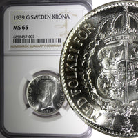 SWEDEN Gustaf V Silver 1939 G 1 KRONA NGC MS65 GEM BU KM#786.2 (7)