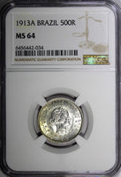 Brazil Silver 1913 A 500 Reis NGC MS64 Light Toning BU Berlin Mint KM# 512 (034)