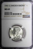 SWEDEN Gustaf V Silver 1941 G 1 Krona NGC MS63  NICE BU KM# 786.2 (44)