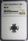 Guatemala Silver 1875 P 1/4 Real NGC MS62 Toning KM# 146 (028)