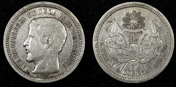 GUATEMALA Silver 1864 R 2 Reales Rafael Carrera Mintage-176,058 KM# 139 (22 739)