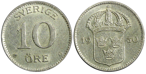 SWEDEN Gustaf V Silver 1930 G 10 Öre  KM# 780 (21 906)