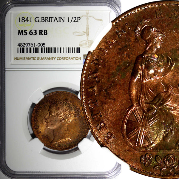 Great Britain Victoria Copper 1841 1/2  Penny NGC MS63 RB Early Date KM# 726 (5)