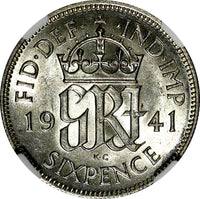 GREAT BRITAIN George VI Silver 1941 6 Pence NGC AU58  KM# 852  (211)