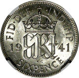 GREAT BRITAIN George VI Silver 1941 6 Pence NGC AU58  KM# 852  (211)
