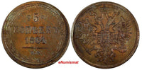 Russia Alexander II Copper 1864 EM 5 Kopeks Nice Toned UNC .RARE Bit-311;Y#6a(2)