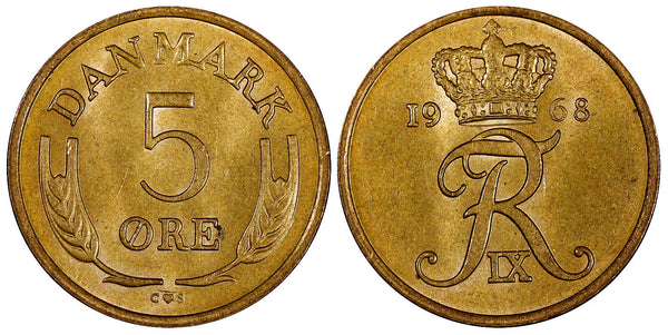 Denmark Frederik IX Bronze 1968 5 Øre UNC KM# 848.1 (21 698)