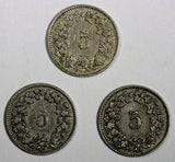 Switzerland LOT OF 3 COINS 1880-1899  5 Rappen BETTER SCARCE DATES KM# 26