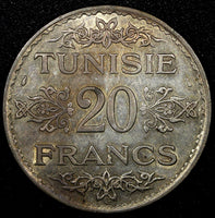 TUNISIA  Silver 1353 (1935) 20 Francs aUNC Nice Toned KM# 263 (22 954)