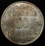 TUNISIA  Silver 1353 (1935) 20 Francs aUNC Nice Toned KM# 263 (22 954)