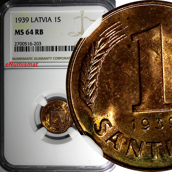 LATVIA Bronze 1939 1 Santims NGC MS64 RB Nice Red Toning BU KM# 10 (203)