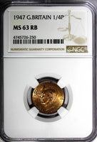 Great Britain George VI Bronze 1947 Farthing NGC MS63 RB KM# 843 (250)