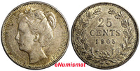 Netherlands Wilhelmina I Silver 1905 25 Cents Better Date Toned 19mm KM#120.2(6)